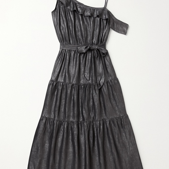 Maeve Metallic Silver Black One Shoulder Tiered Midi Dress Size L Anthropologie - Picture 2 of 8